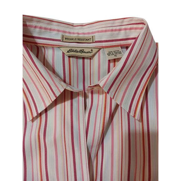 EDDIE BAUER Low Wrinkle Button Front Shirt Blouse Top Pink Stripe XL Casual Work - Picture 6 of 10